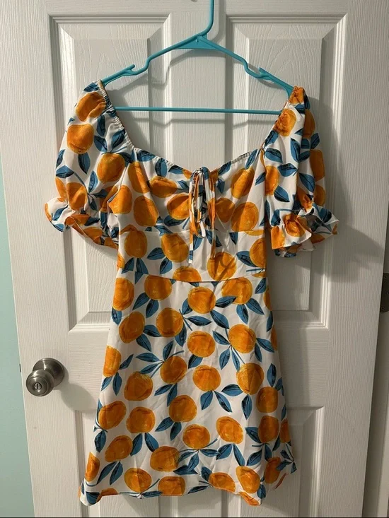 Women’s Orange Print Puff-Sleeve Summer Dress - Picture 5 of 6